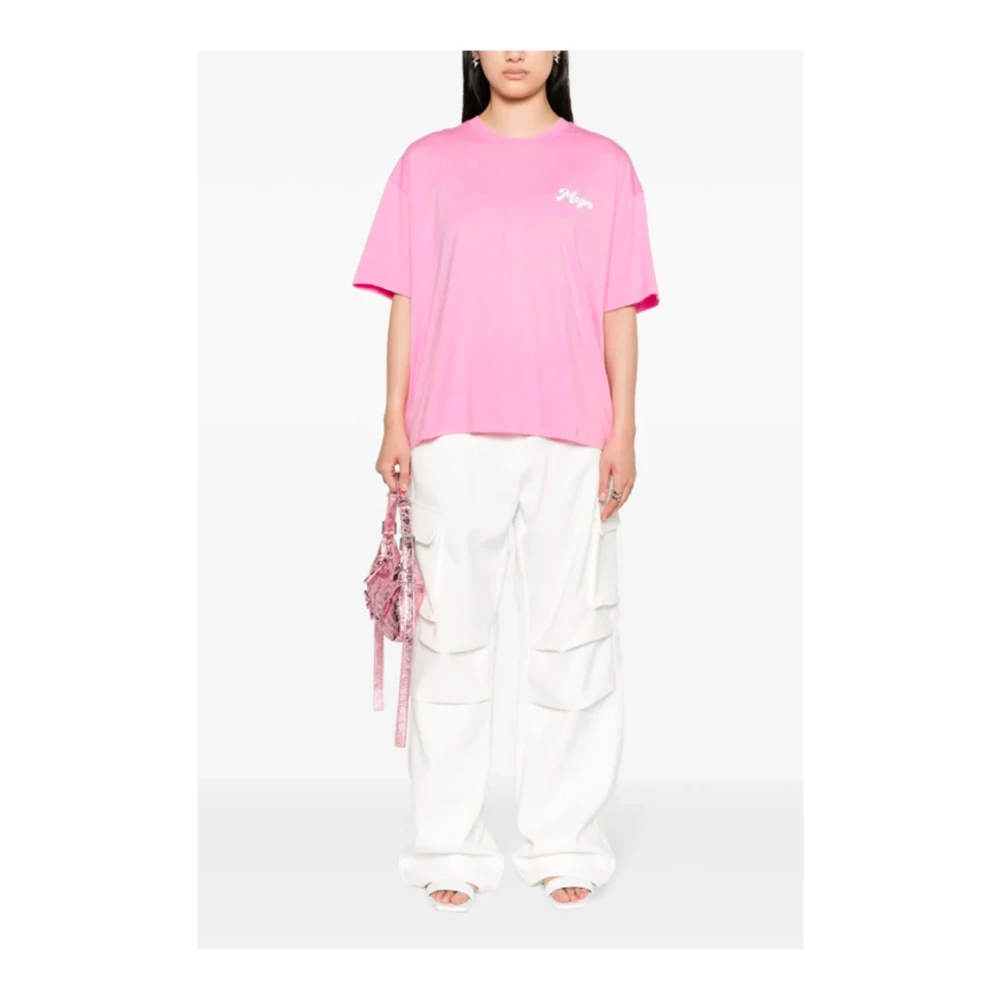 Msgm Roze Katoenen T-shirt met Logo Print Pink Dames