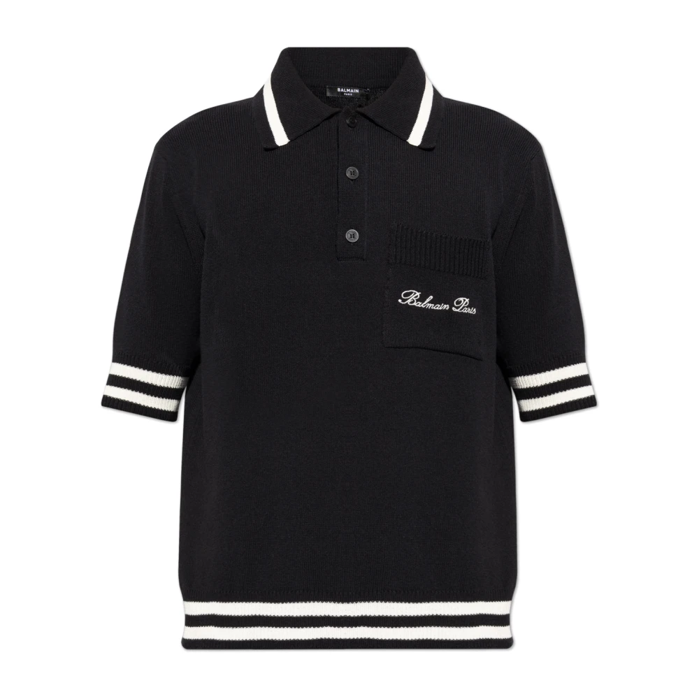 Balmain Wollen poloshirt met Handtekening borduurwerk Black Heren