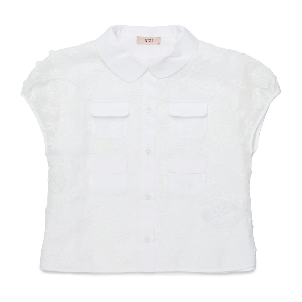 N21 White Kids Shirts, Female, 10 Y, Floral Appliqué Four-Pockets Shirt