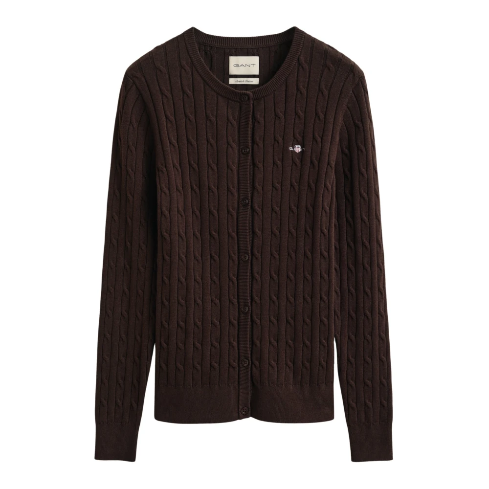 Gant , Cardigans, Female, Brown, S, Stretch Cotton Cable Knit Cardigan
