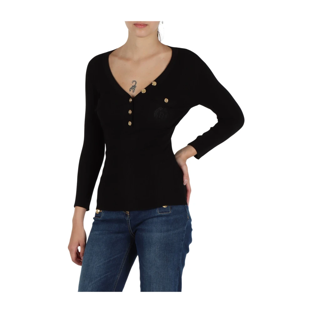 Elisabetta Franchi Geribbelde Zijdeblend V-Hals Trui Black Dames