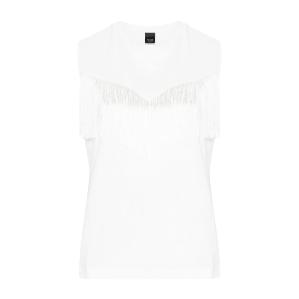 Pinko Witte Mouwloze Katoenen T-shirt met Franje Detail White Dames