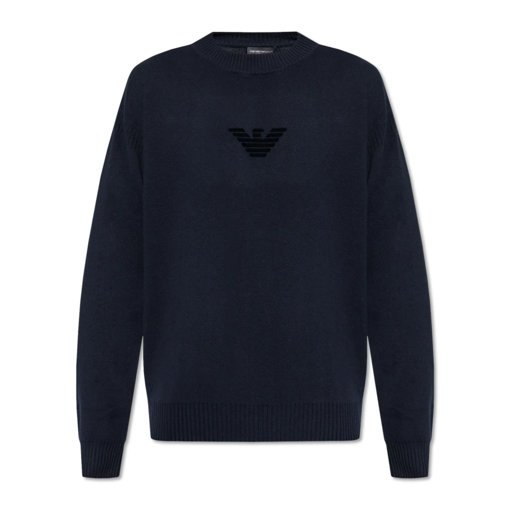 Emporio Armani Trui met logo en fluwelen afwerking Blue Heren