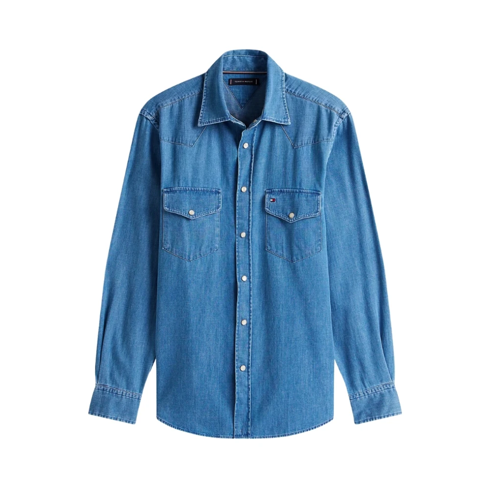 Tommy Hilfiger , Denim Shirts, Male, Blue, Xs, Denim Shirt With Semi-French Collar