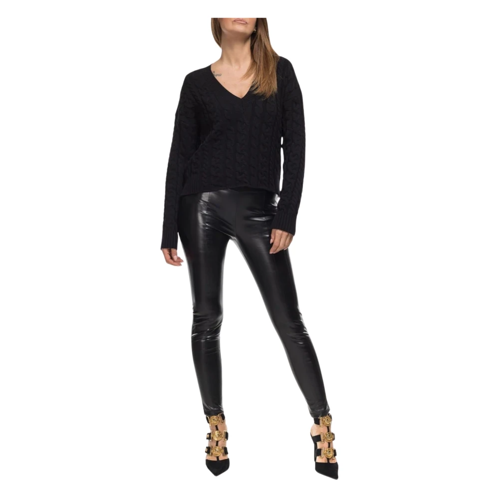 pinko Zwarte V-hals Trui Gevlochten Patroon Black Dames