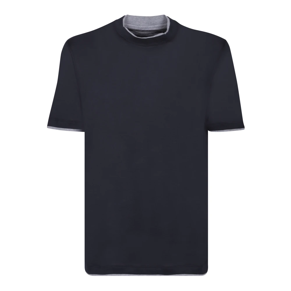BRUNELLO CUCINELLI Zijden Katoenen T-Shirt met Contrasterende Inzetstukken Blue Heren