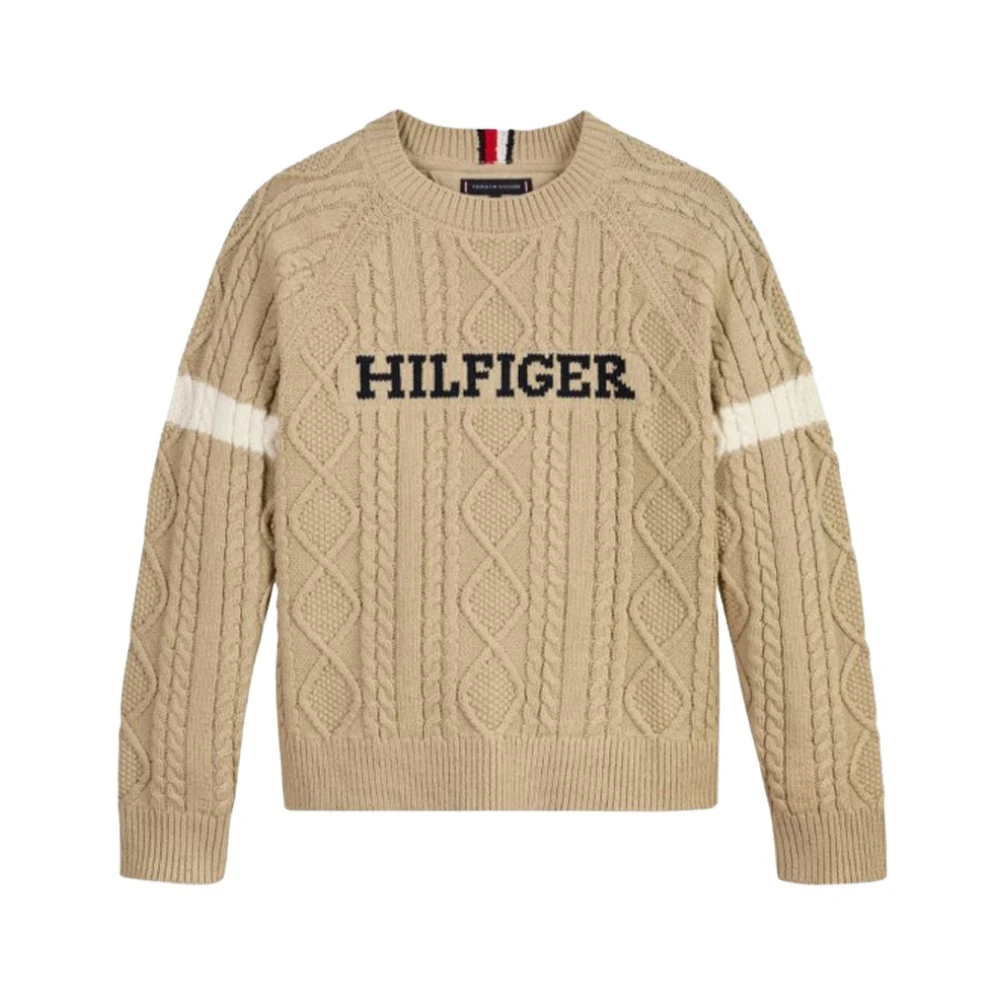 Tommy Hilfiger Stickad Tröja med Lång Ärm och Kontrastrand Beige, Pojke