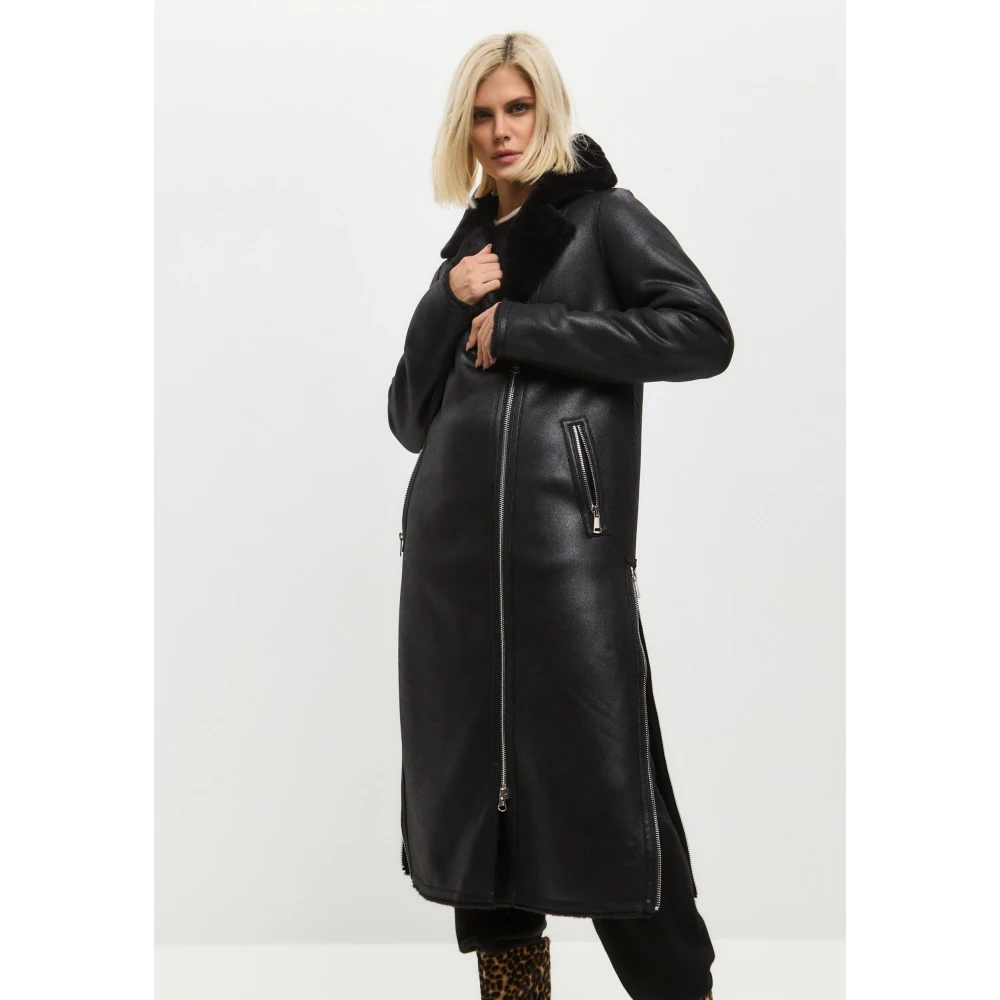Cesare Gaspari Zwarte Faux Reversible Shearling Lange Jas Black Dames
