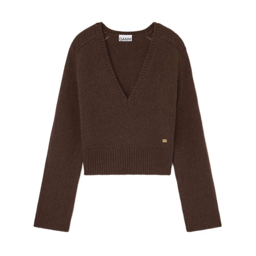 Ganni Women's Brown V-Neck Knitwear, Xs, Wool Yak Blend Jumper