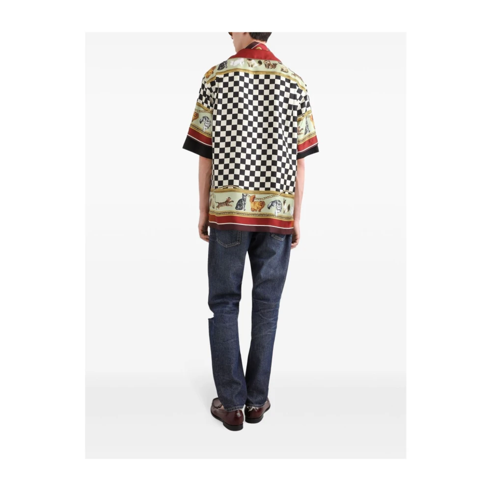 Dolce & Gabbana Multicolor zijden kattenprint bowling shirt Multicolor Heren