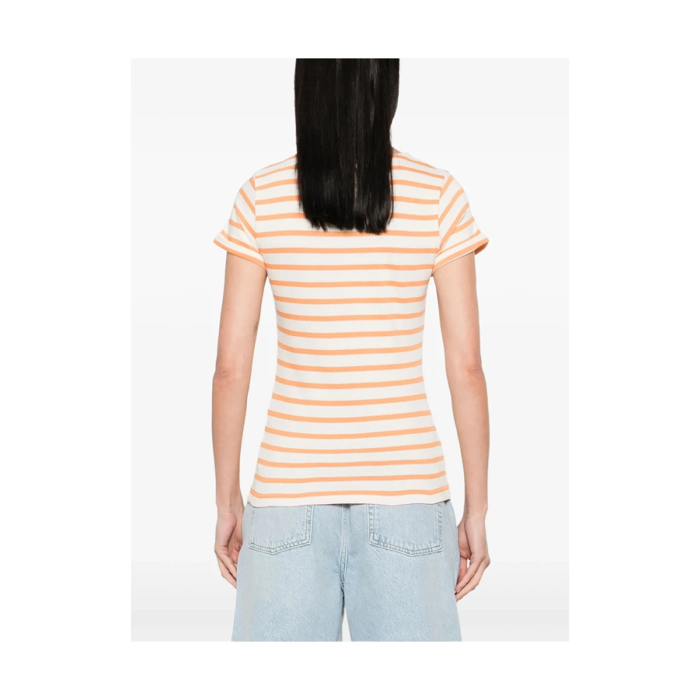 Maison Labiche Ecru Crew Neck T-shirt met Omgeslagen Manchetten Orange Dames