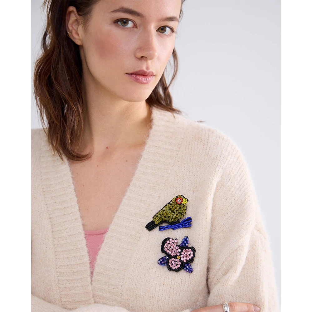 Summum Woman Gezellig Melange Gebreid Vest met Broches Beige Dames