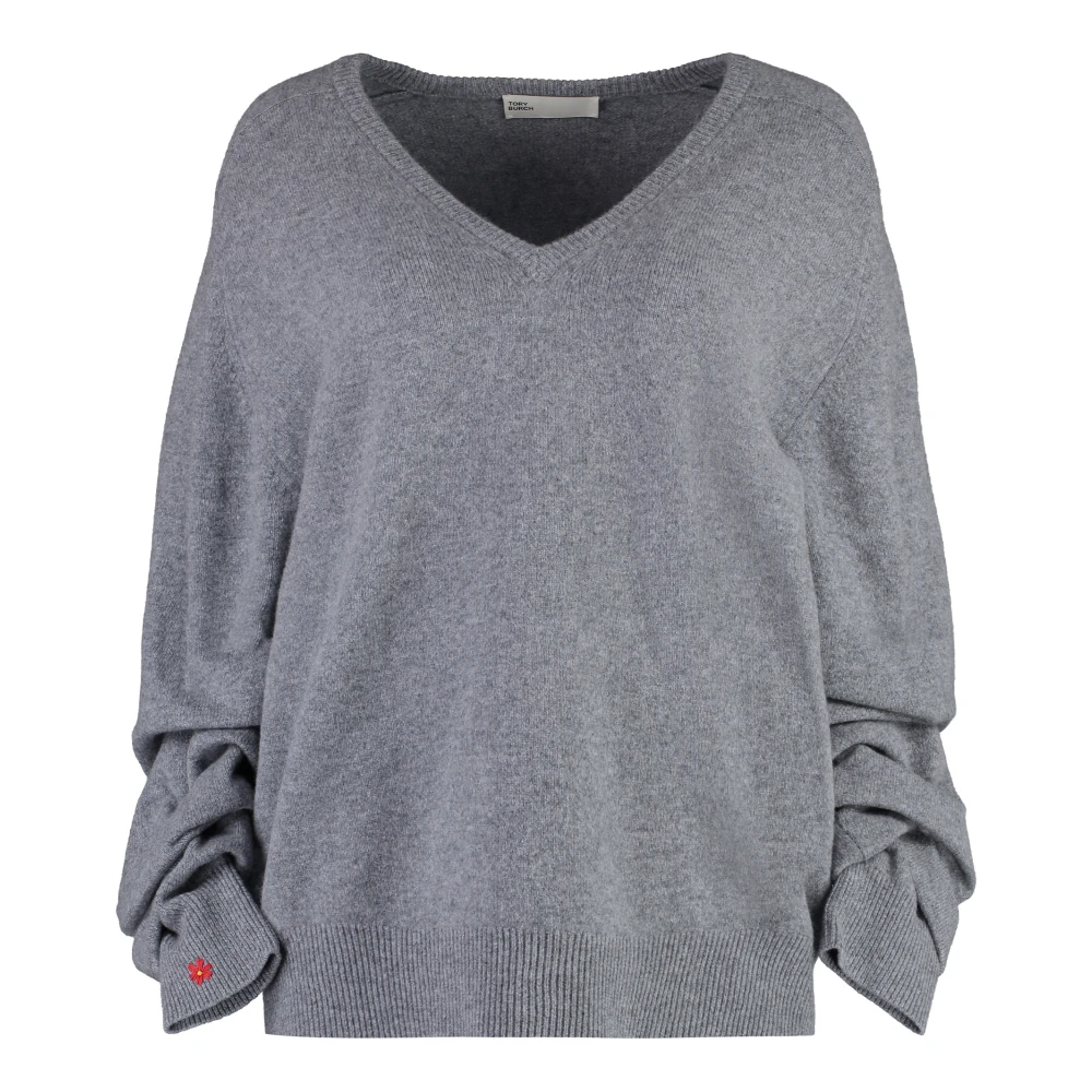TORY BURCH Geribbelde V-hals Wollen Trui Gray Dames