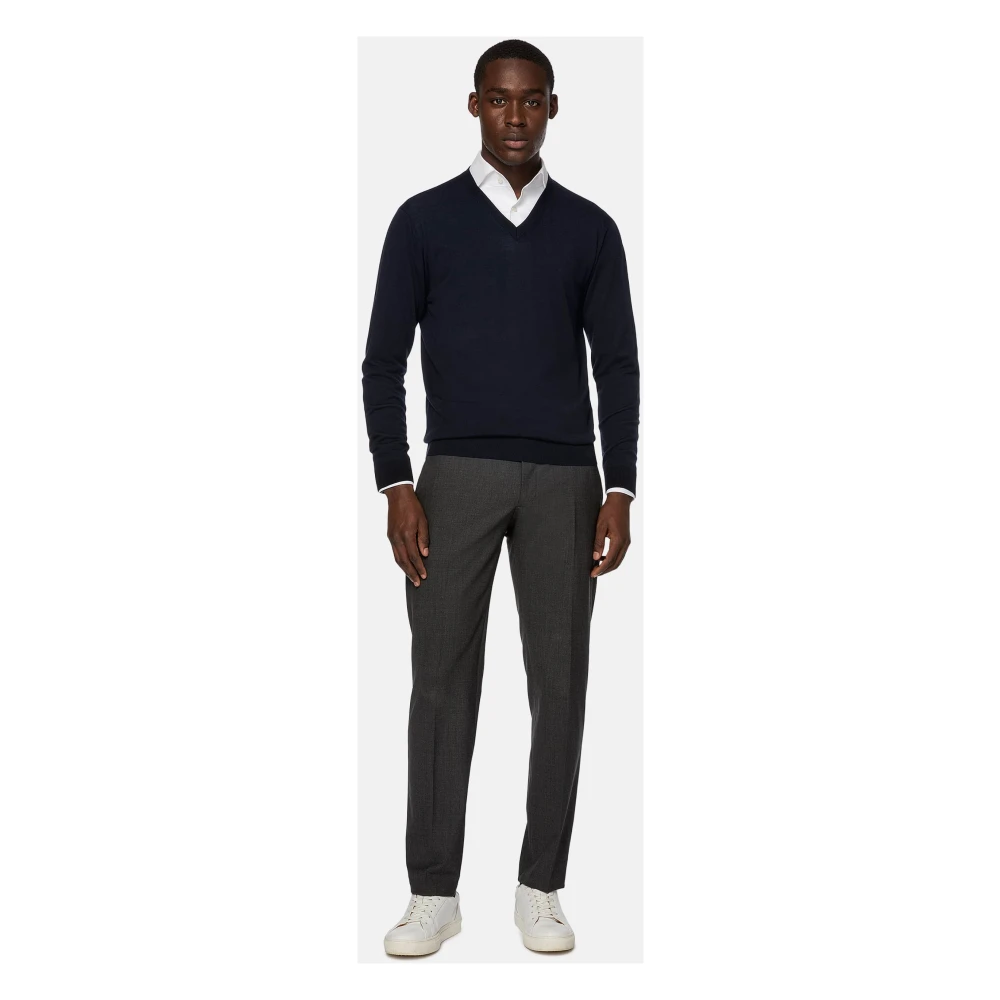 Boggi Milano Merino Wol V-hals Trui Blue Heren