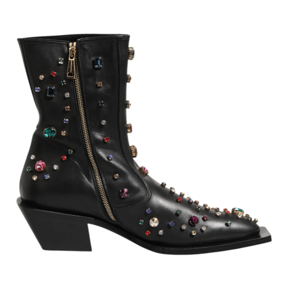 Dolce & Gabbana Men's Black Cowboy & Biker Boots, 8 Uk, Crystal Embellished Short Boots Shoes