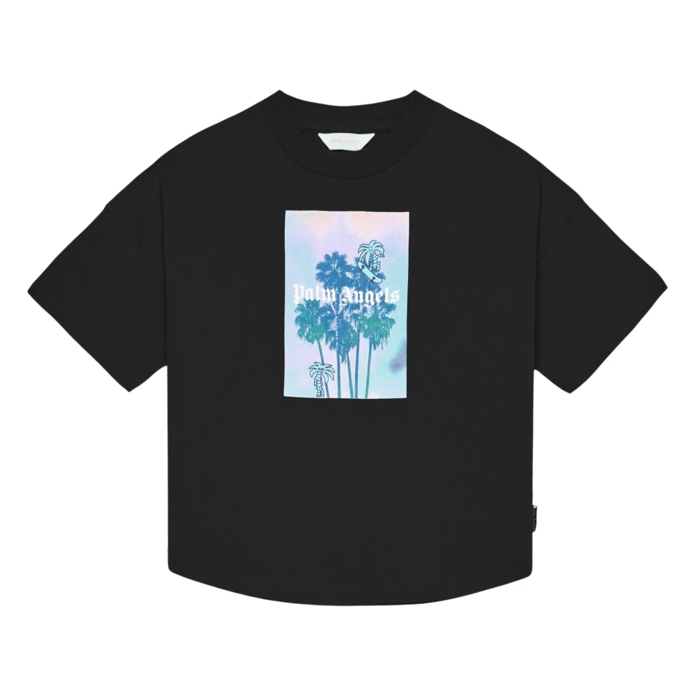Palm Angels Boys Black Kids Short Sleeve T-Shirts, 10 Y, Palms Landscape Over T-Shirt