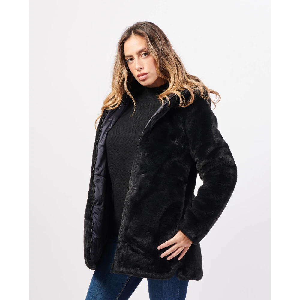 Save The Duck Omkeerbare Lange Jas met Nepbont Black Dames