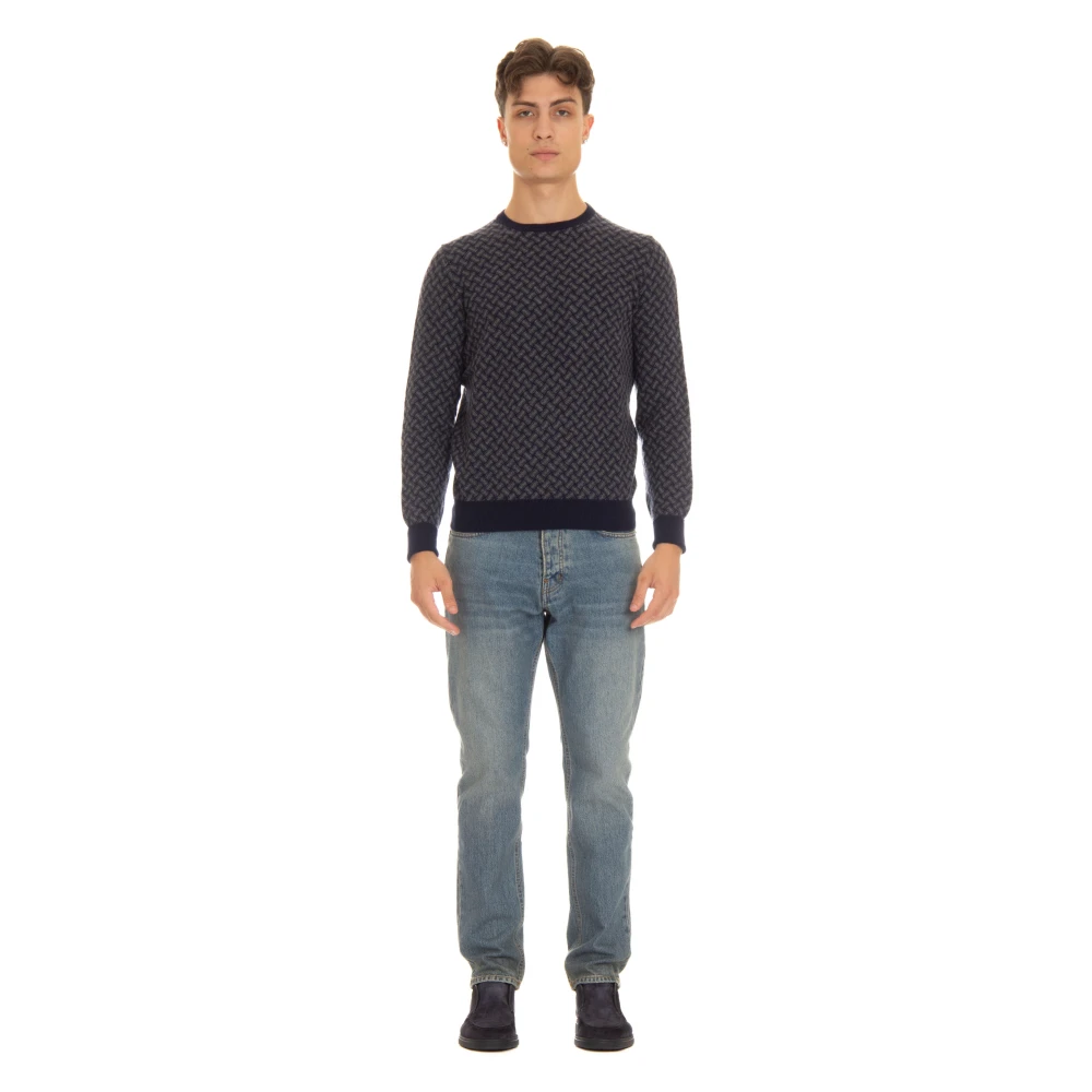Drumohr Blauwe Cashmere Trui Koekjes Patroon Blue Heren