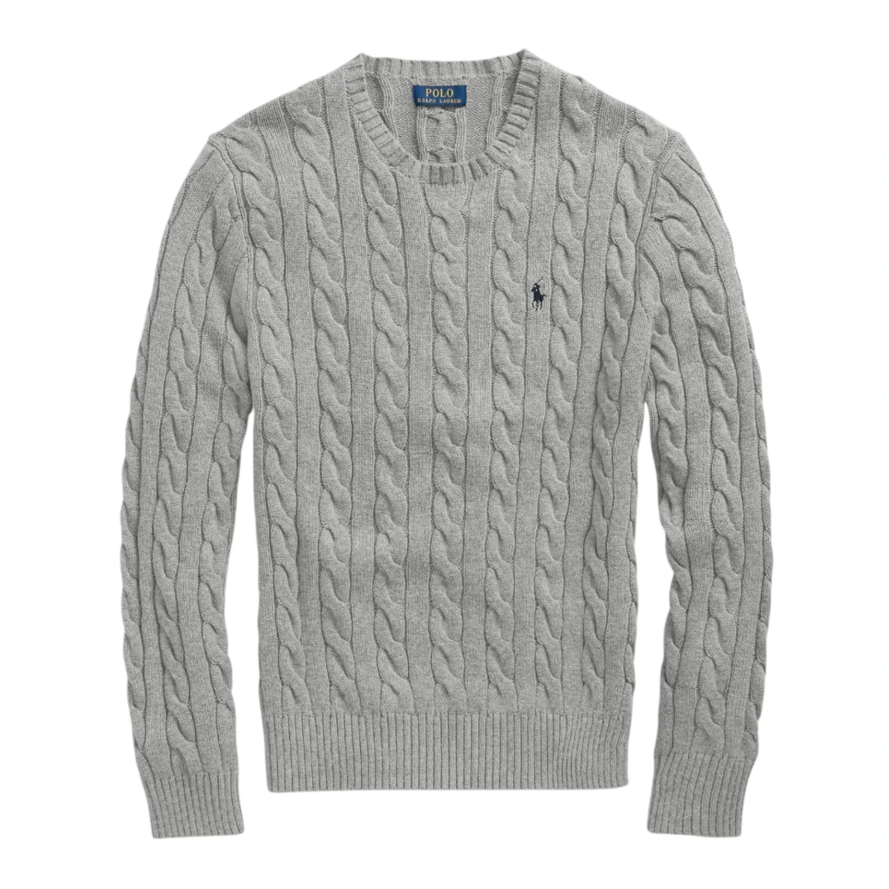 Ralph Lauren Men's Gray Round-Neck Knitwear, L, Cable-Knit Cotton Jumper