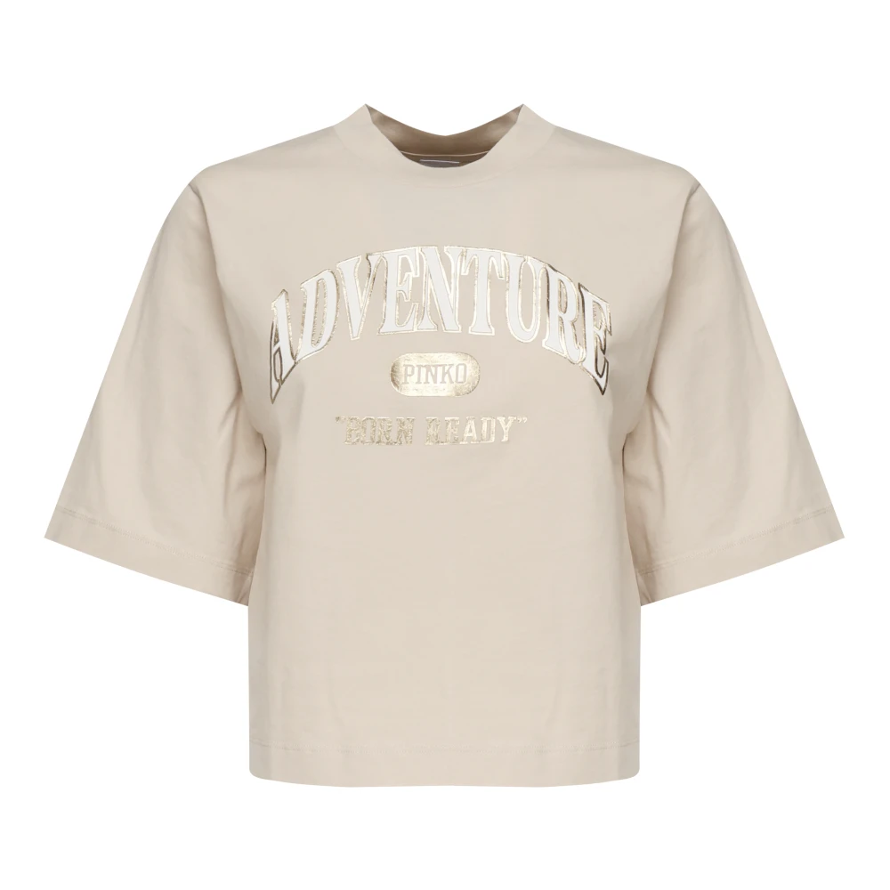 Pinko Women's Beige T-Shirts, M, Cotton T-Shirt With Logo Print