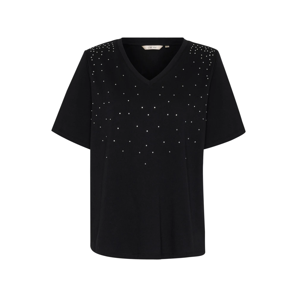 Cream Zwarte V-hals T-shirt met similisten Black Dames