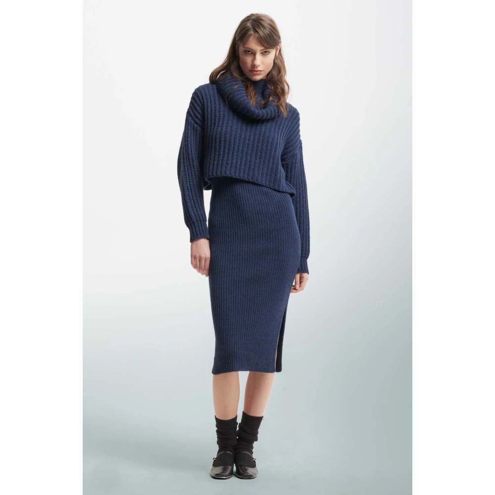 Kocca Geribbelde Gebreide Hoodiejurk Blue Dames