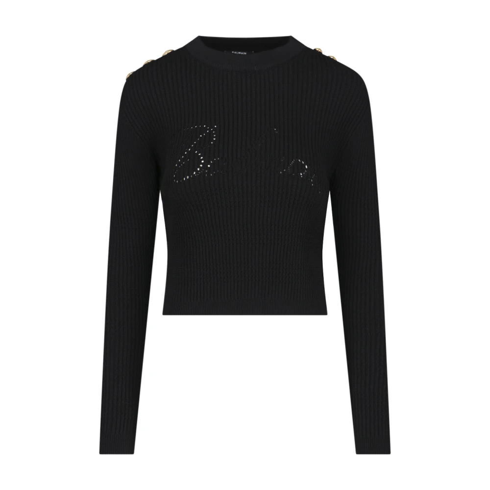 Balmain Zwarte Geribbelde Trui met Gouden Knopen Black Dames