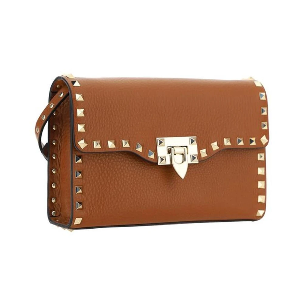 Valentino Garavani Gestudeerde Leren Schoudertas met Draaisluiting Brown Dames