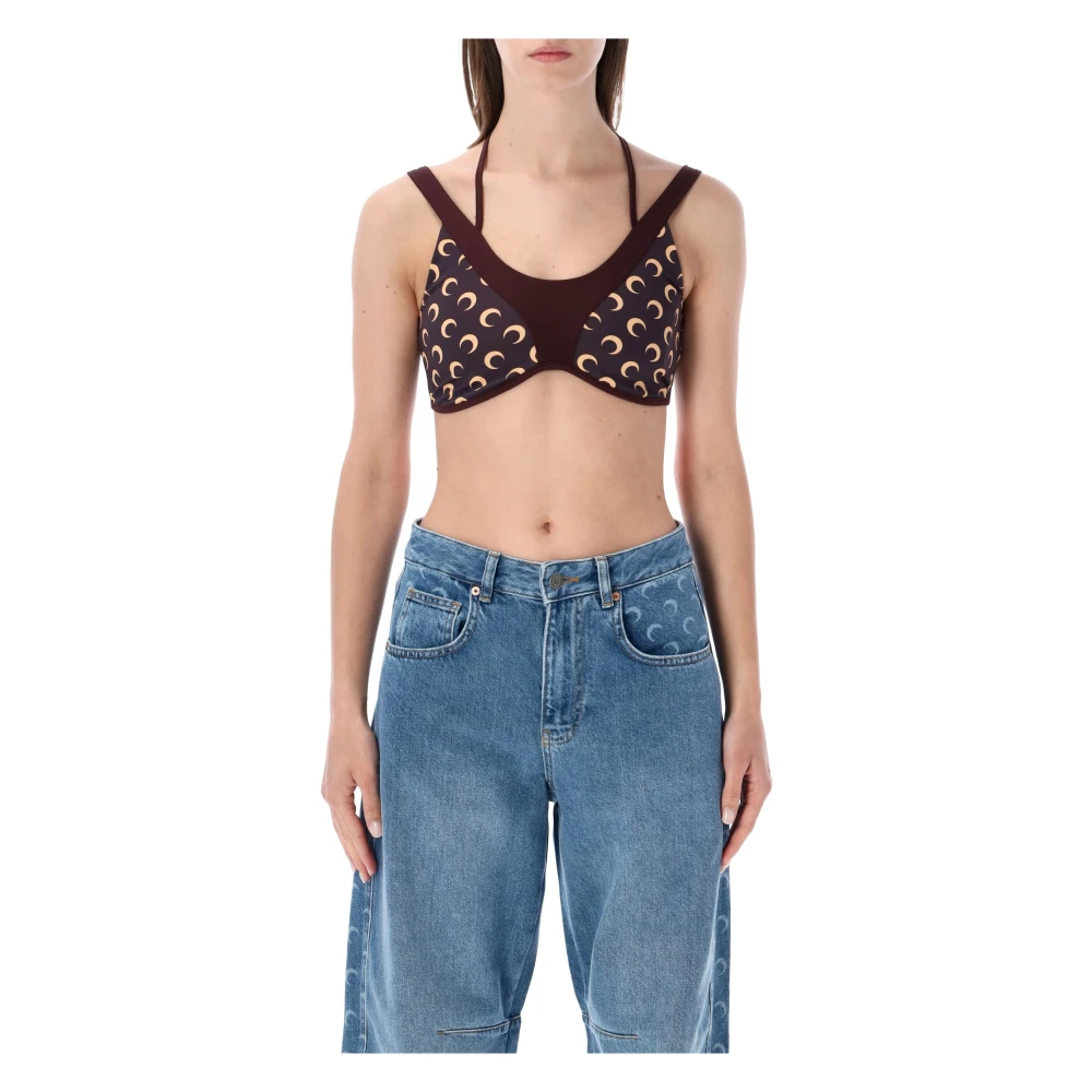 Marine Serre Women's Brown Athleisure Moon Printed Bra Top - Sleeveless Tops - Xs - Tops