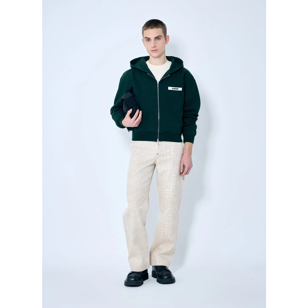 Jacquemus Logo Patch Zip-Up Hoodie Green Heren