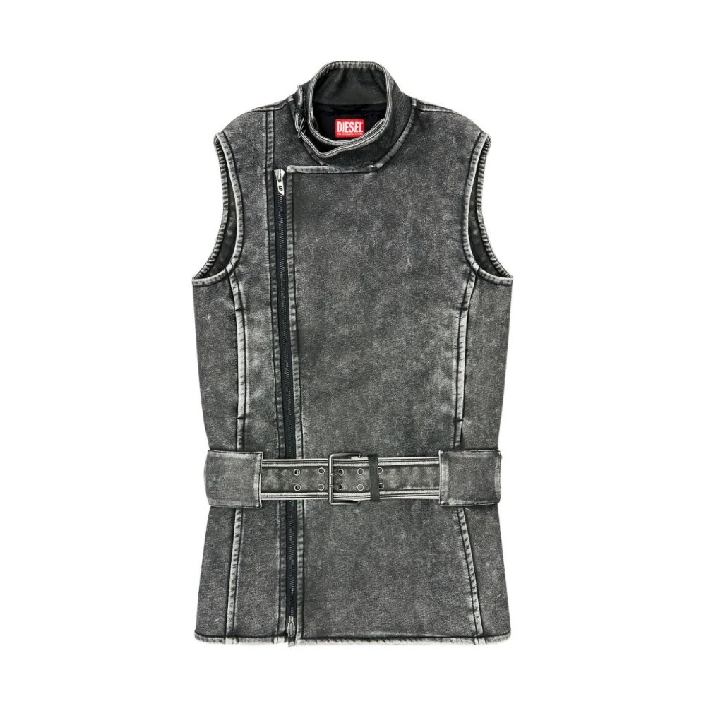 Diesel Vrouw Zwart Jassen Dames, S, Polyester, Biker-Stijl Mini Jurk Met Riem