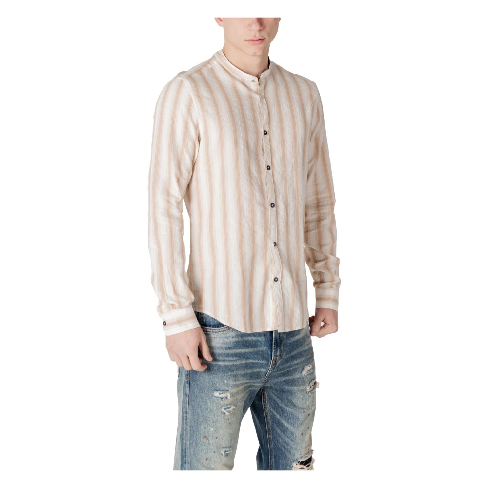 Gianni Lupo Gestreepte Mandarin Kraag Katoenen Overhemd Beige Heren