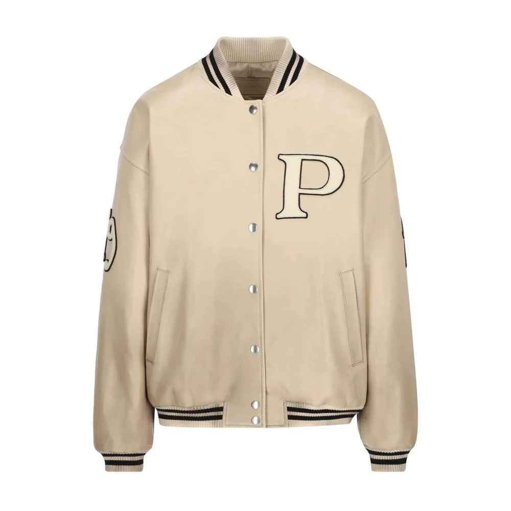 Prada Men's Beige Bomber Jackets, Xs, Padded Leather Varsity Jacket