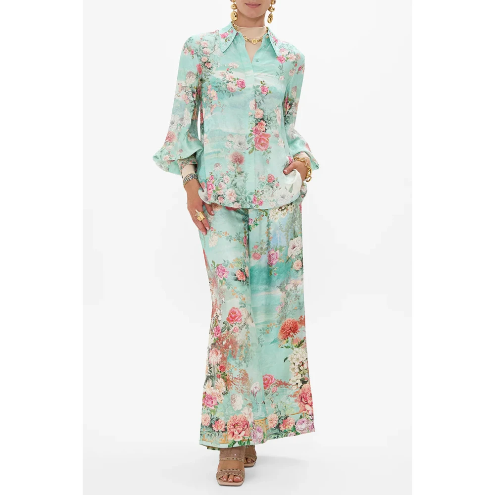Camilla Zijden blouse met gebogen kraag en kristalversiering Blue Dames