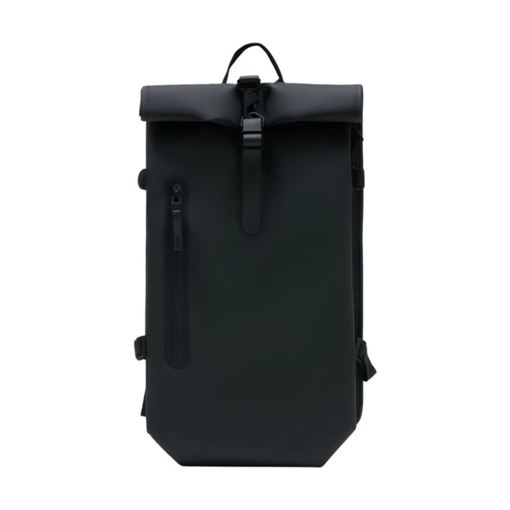 Rains Unisex Black Backpacks, One Size, Rolltop Large W3 Backpack