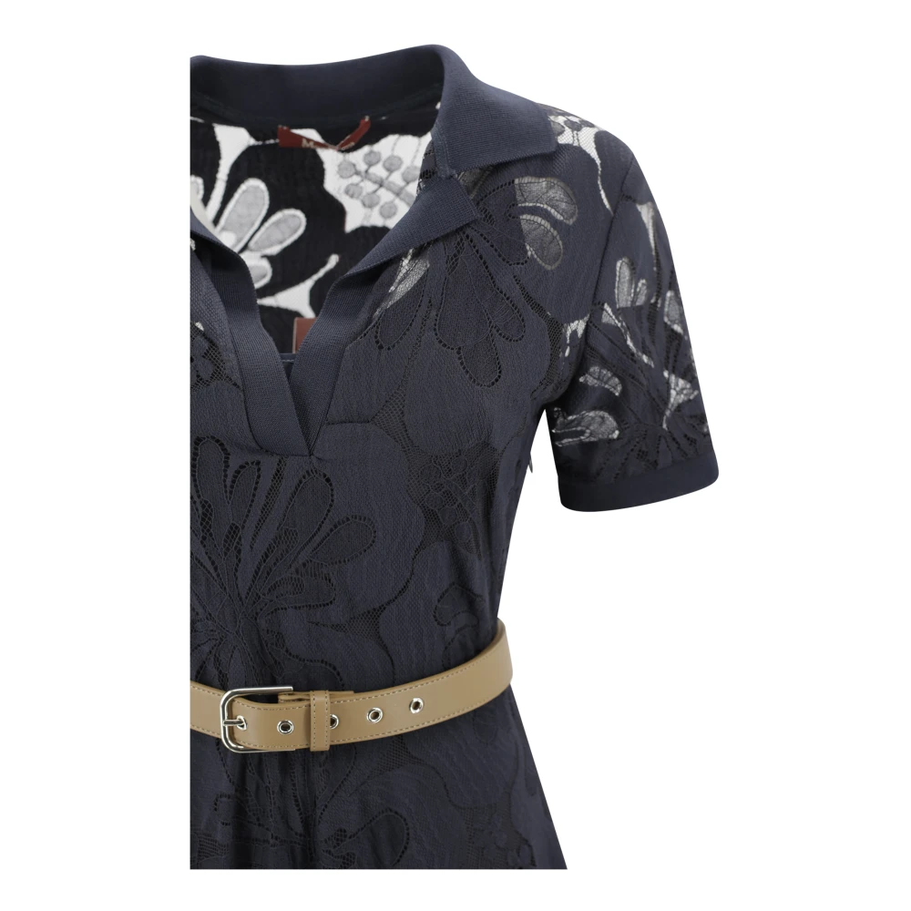 Max Mara Studio Blauwe Kant Midi Jurk met Polokraag Blue Dames