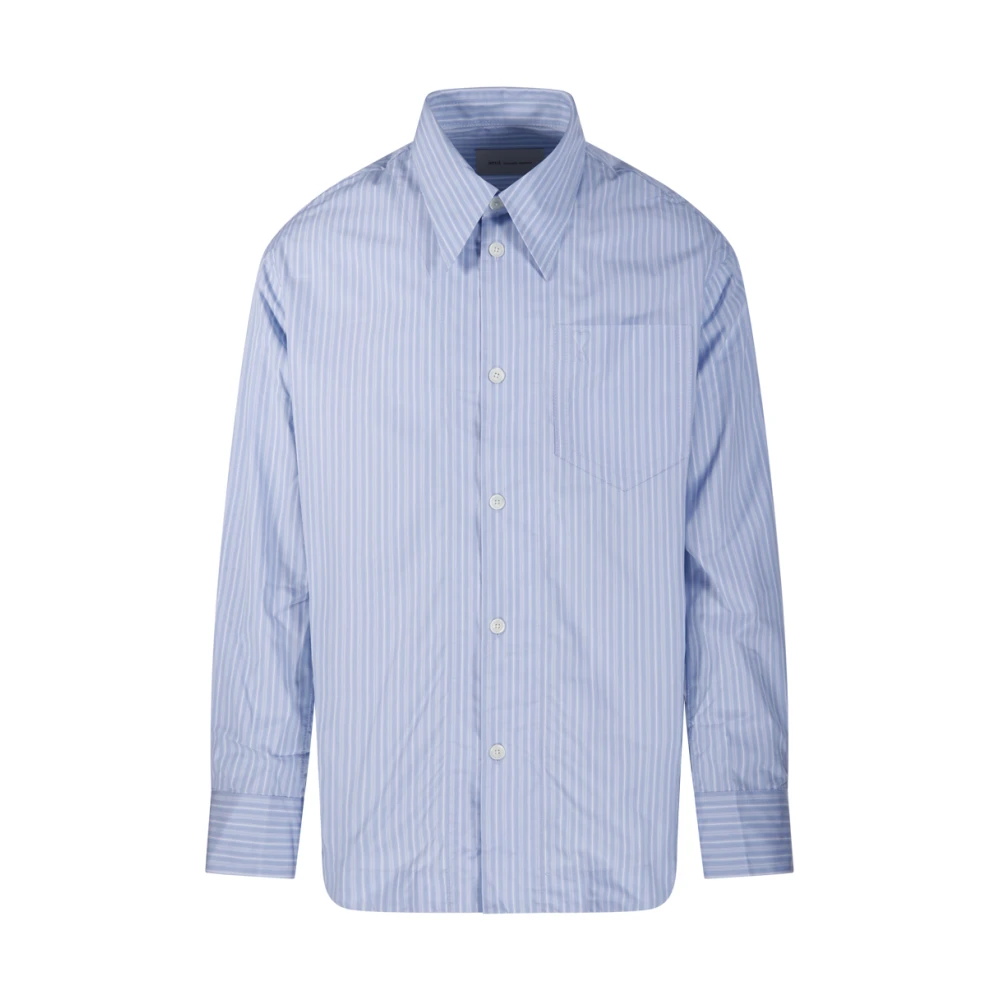 Ami Paris Men's Blue Casual Shirts, S, Long-Sleeve Wide Shirt With Sharp Collar And Embossed Adc