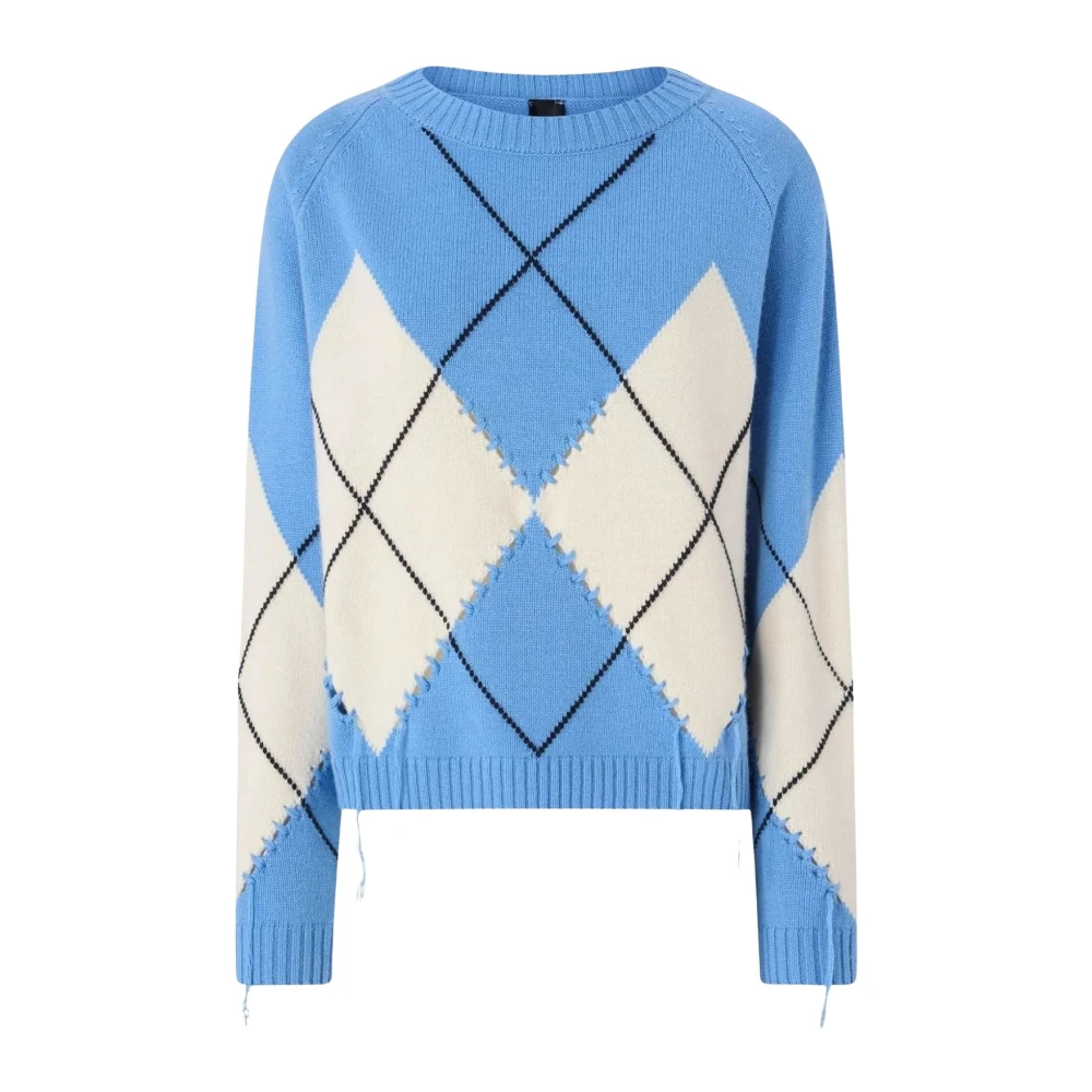 Pinko , Round-Neck Knitwear, Female, Blue, L, Berna Pull Argyle Traforato