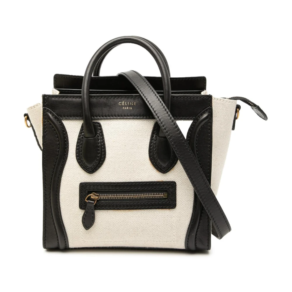 Celine Vintage Women's White Pre-Owned Structured Leather Trim Satchel