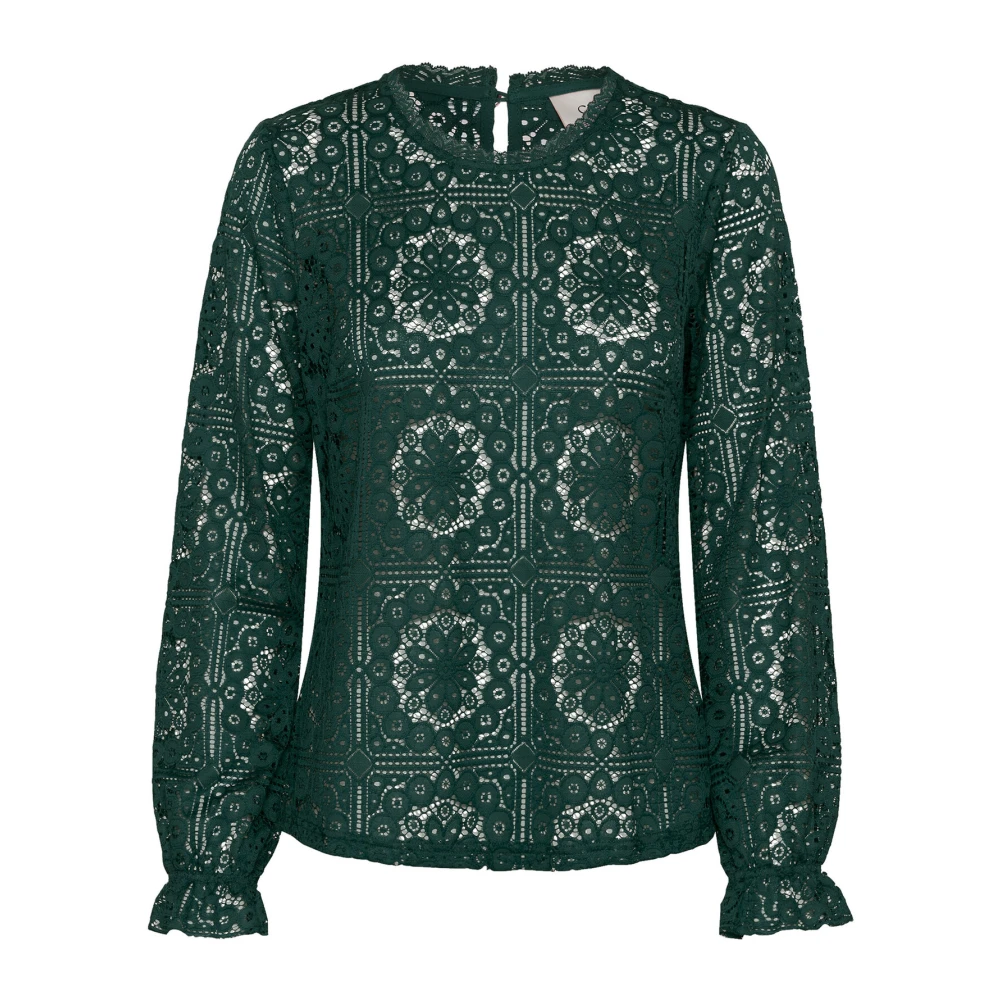Cream Kanten blouse met pofmouwen Green Dames