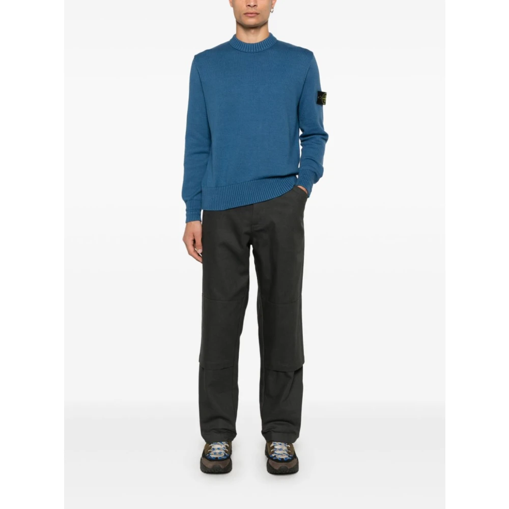 Stone Island Blauwe Ribgebreide Trui Badge Blue Heren