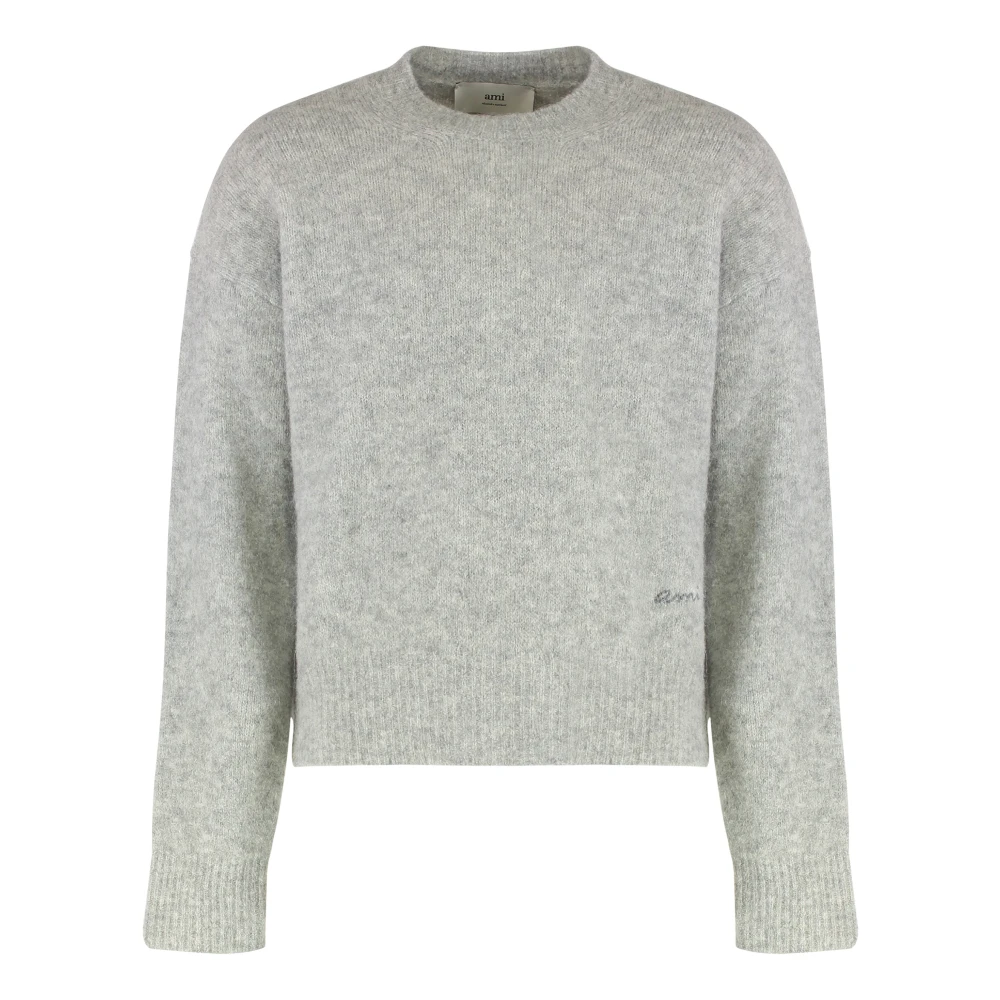 Ami Paris Men's Gray Round-Neck Knitwear, S, Jumper With Round Neck In Mixed Wool