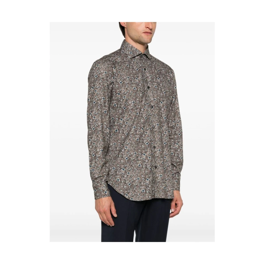 Barba Bloemenprint Katoenen Overhemd Brown Heren