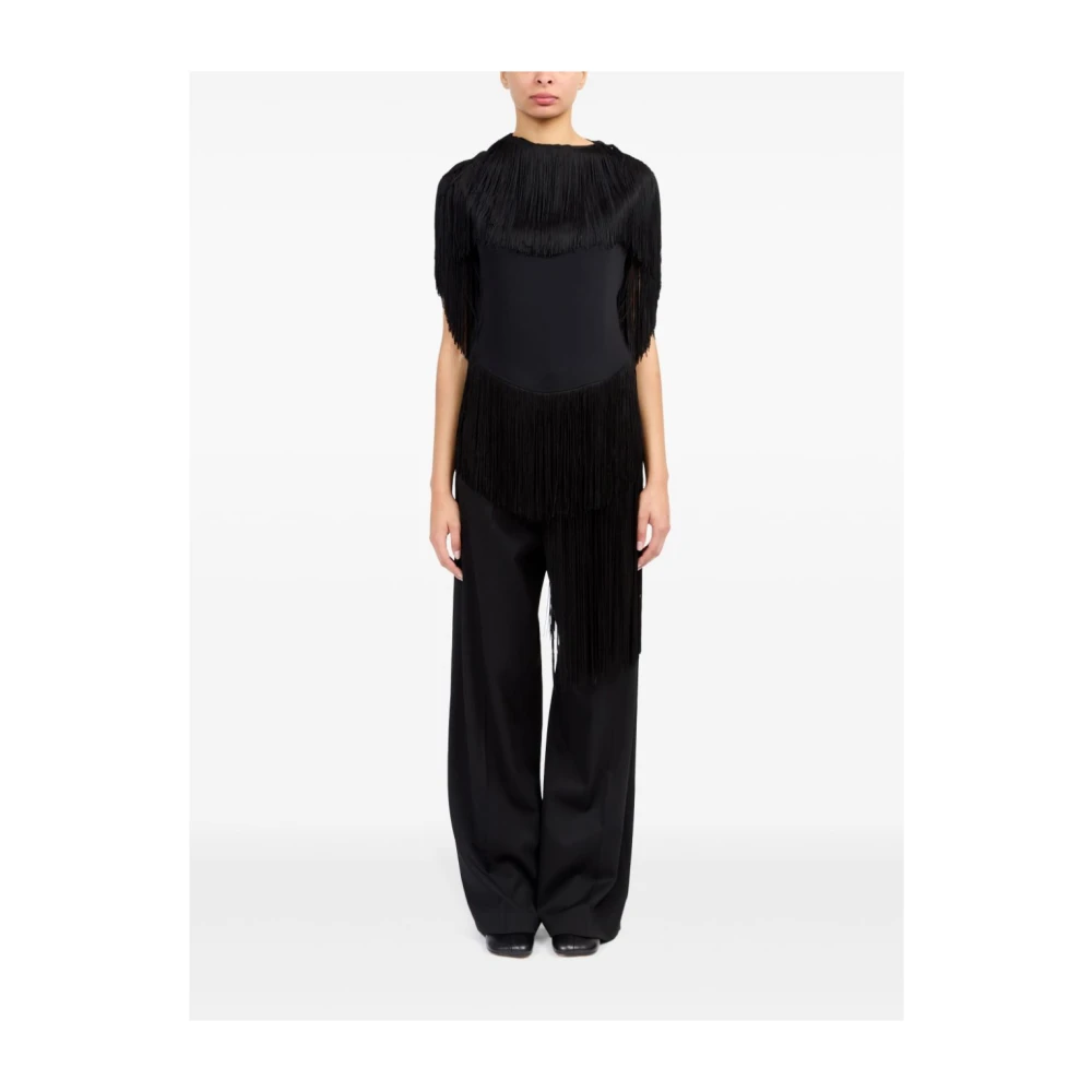 MM6 Maison Margiela Zwarte Top met Franjes en Bootnek Black Dames