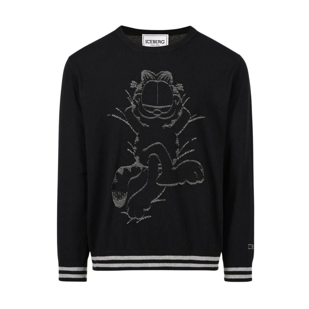 Iceberg Men's Black Round-Neck Knitwear, 2XL, Pullover With Garfield Design