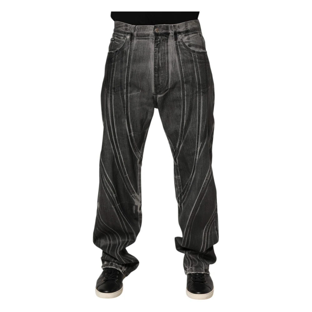 Dolce & Gabbana Black Straight Fit Jeans, Male, M, Graphic Print Denim Jeans