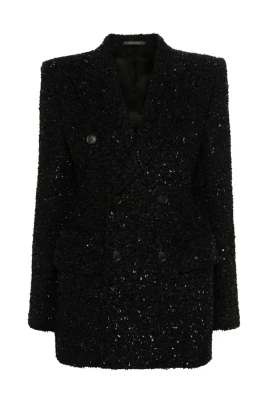 Svart Tweed Bouclé Dubbelknäppt Kavaj