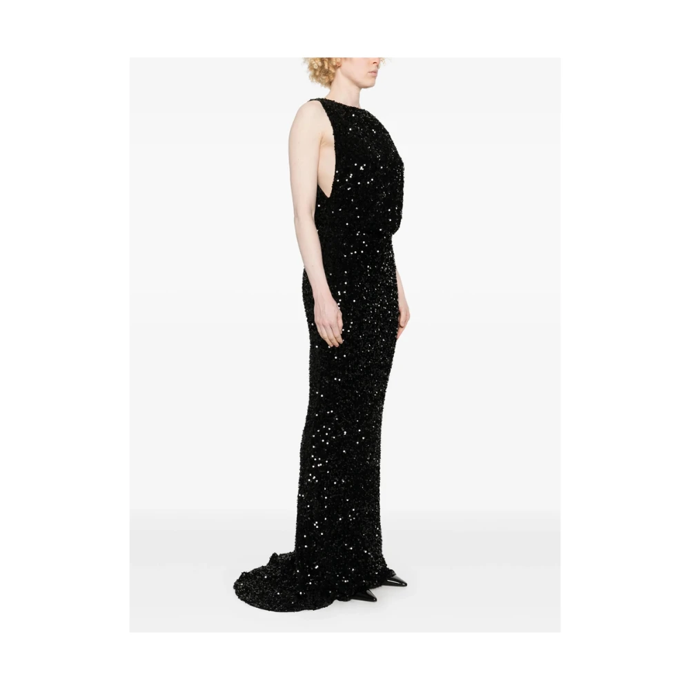 Elisabetta Franchi Zwarte Gedrapeerde Jurk met Logo Plaque Black Dames