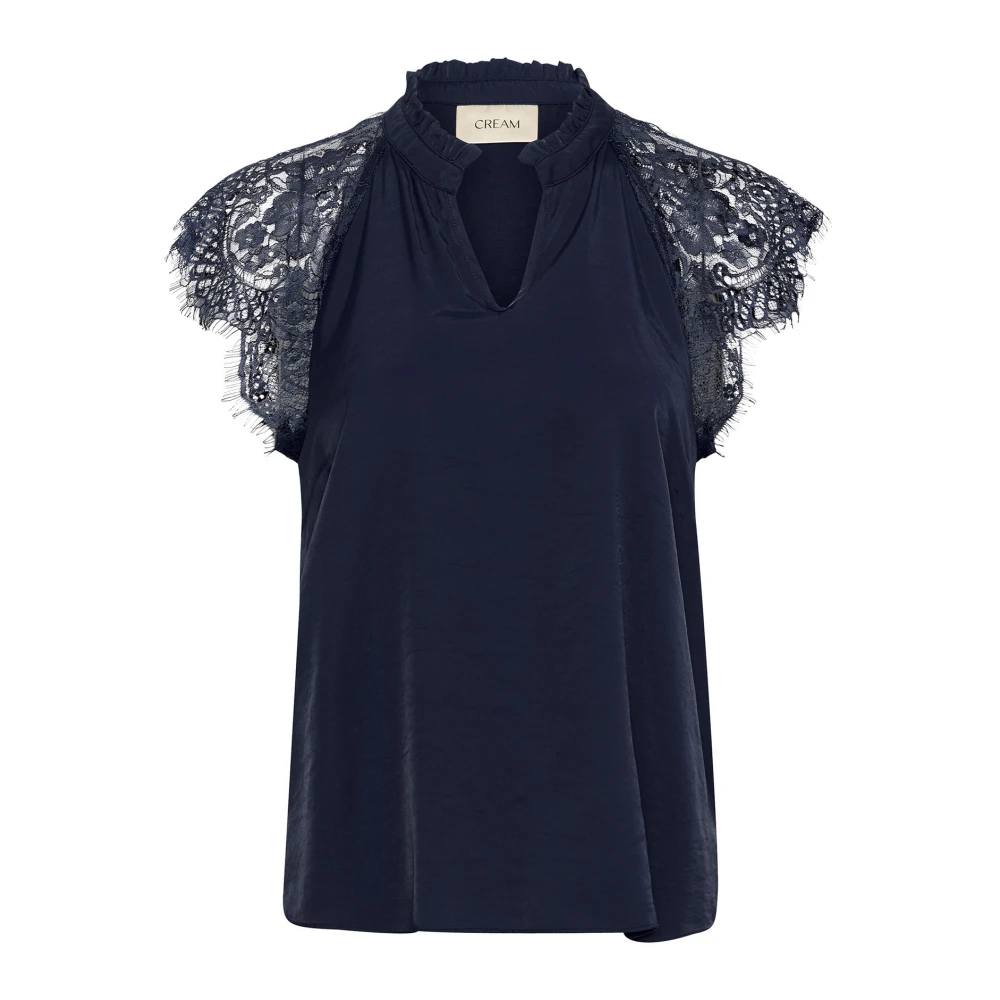 Cream Women's Blue Blouses, M, Lace Blouse With V-Neck And Lace Sleeves