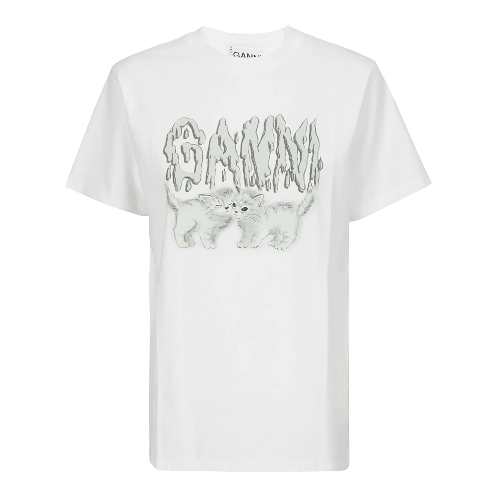 Ganni Schattige Katten Jersey T-shirt White Dames